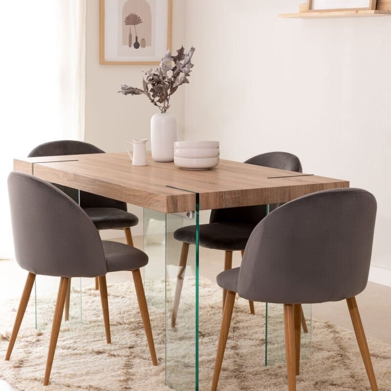 Lio - Table Rectangulaire en Hêtre et pieds en verre trempée