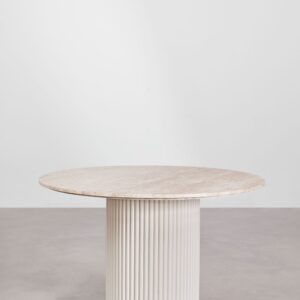 Lune -Table à manger ronde en travertin et Bois de sapin
