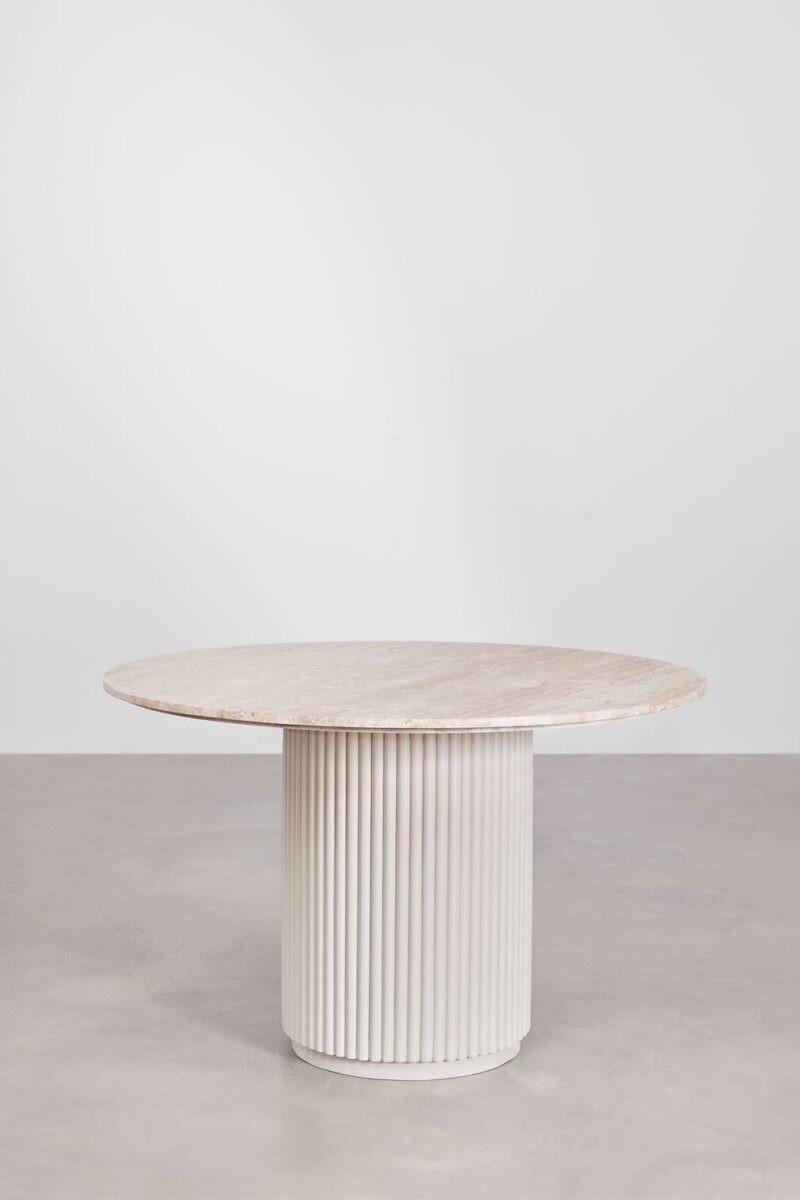 Lune -Table à manger ronde en travertin et Bois de sapin
