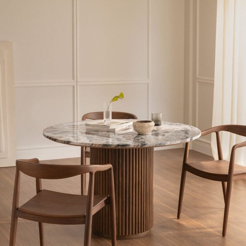 Sabrina – Table à manger Ronde en Marbre et Bois de Hêtre