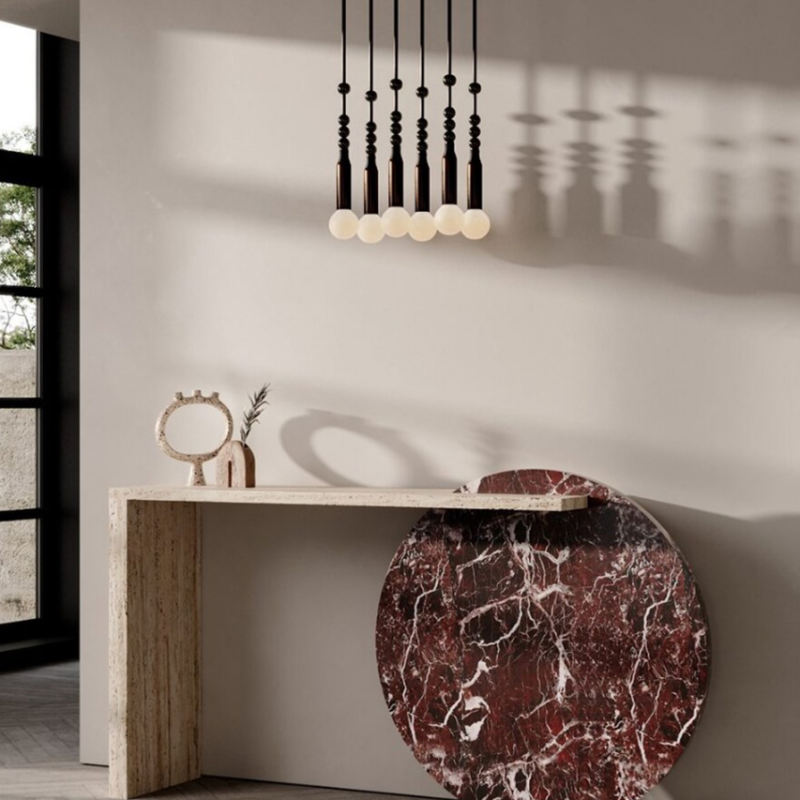 Luna Red – Console en Travertin et plateau Rond en Marbre Rouge