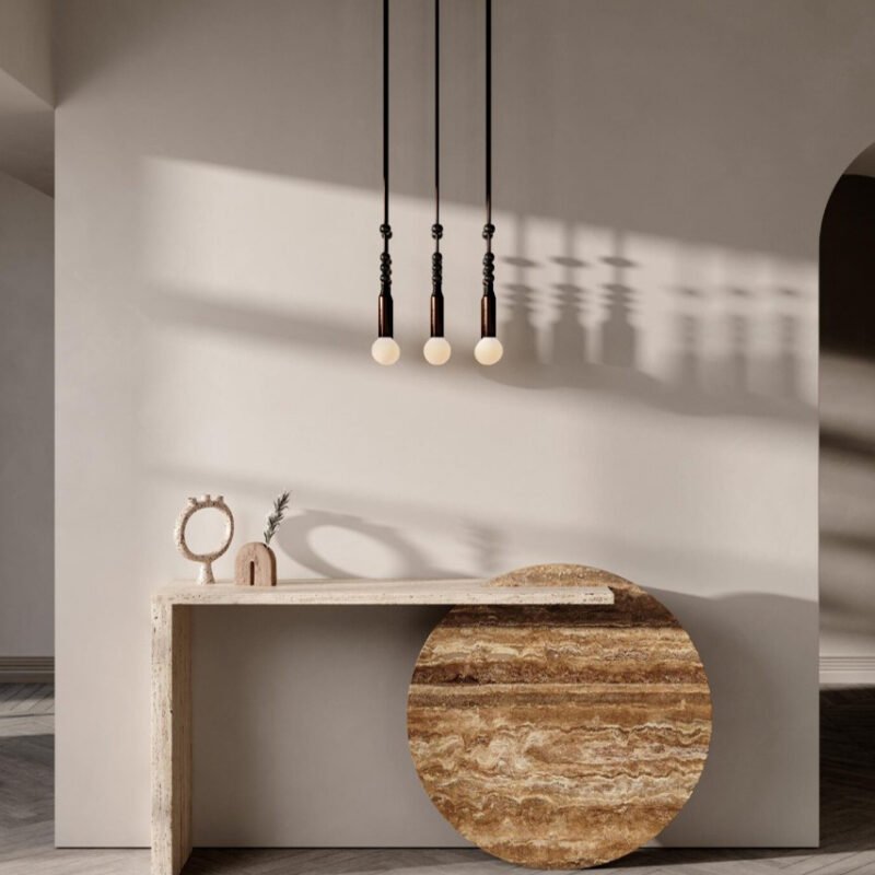 Luna - Console en Travertin avec plateau Rond en Marbre