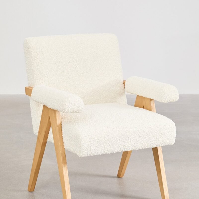 Cali - Chaise avec accoudoirs en bois de Hêtre et tissu bouclé